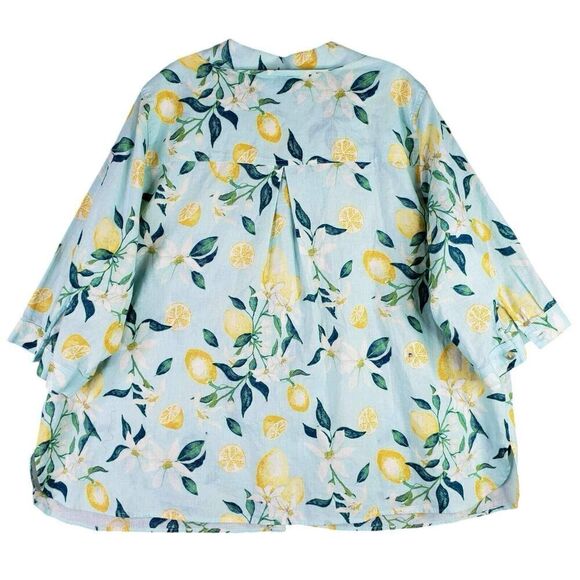 Catherines Shirt Womens Size 2X 22/24 Lemons Linen 3/4 Sleeve Button Up Teal - Picture 3 of 8